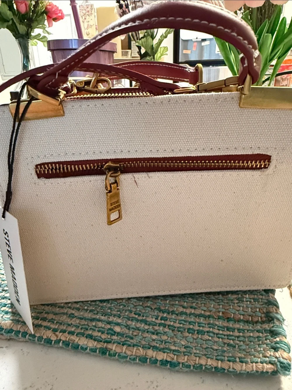 🌷new🌷 Steve Madden Cream Canvas Satchel with Burgundy Trim and Gold Hardware